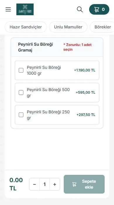 Gramajlı ürün: ilk fiyat 0,00 TL, buton pasif, fiyatlar “+1.190,00 TL” (Peynirli Su Böreği; Barcelona aynı şablonu kullanıyor)