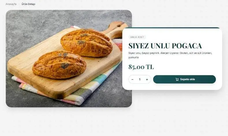 Mevcut poğaça sayfası: “SIYEZ UNLU POGACA”, iki satır bilgi, öneri yok