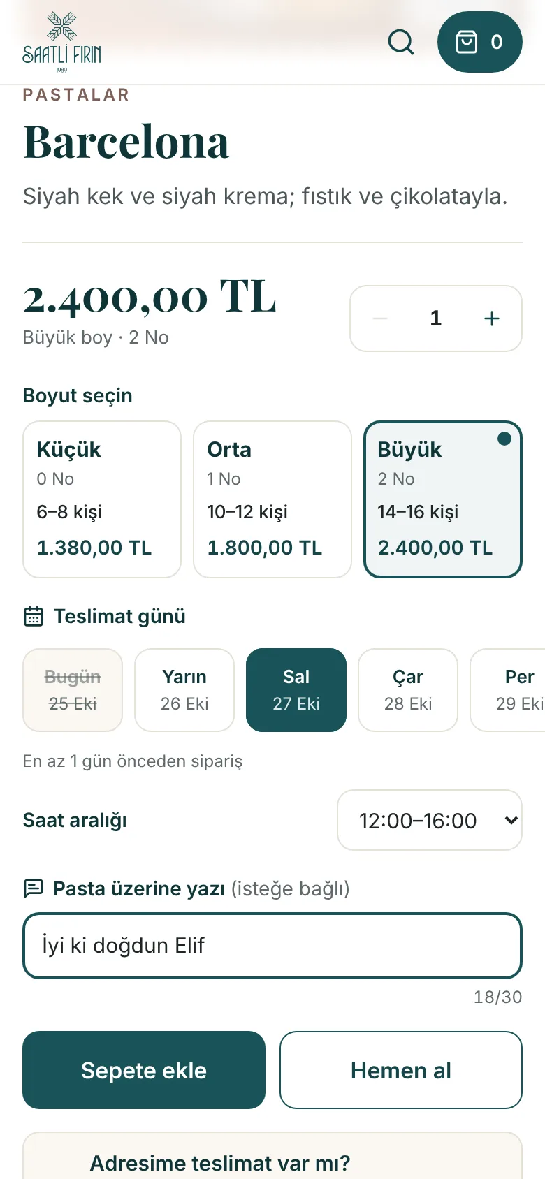 Önerilen: orta boy ön seçili, mutlak fiyat, kişi sayısı, teslimat günü